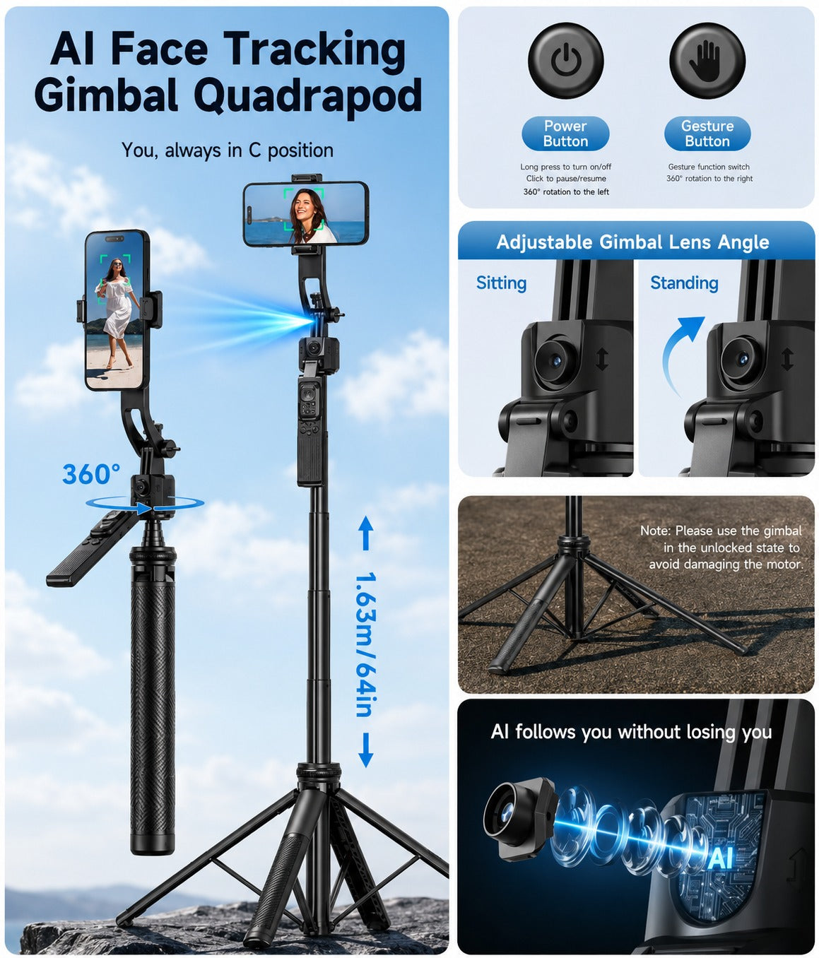 Fitgear FG-C90 AI Smart Tracking Gimbal Selfie Stick Tripod | 165cm Extendable | 360° Auto Face Tracking | Bluetooth Remote | Quad-Leg Stand