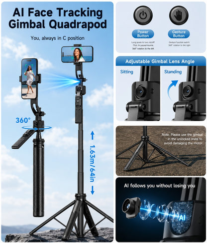 Fitgear FG-C90 AI Smart Tracking Gimbal Selfie Stick Tripod | 165cm Extendable | 360° Auto Face Tracking | Bluetooth Remote | Quad-Leg Stand