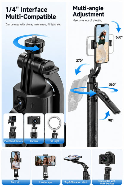 Fitgear FG-C90 AI Smart Tracking Gimbal Selfie Stick Tripod | 165cm Extendable | 360° Auto Face Tracking | Bluetooth Remote | Quad-Leg Stand