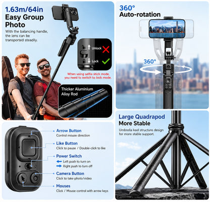 Fitgear FG-C90 AI Smart Tracking Gimbal Selfie Stick Tripod | 165cm Extendable | 360° Auto Face Tracking | Bluetooth Remote | Quad-Leg Stand