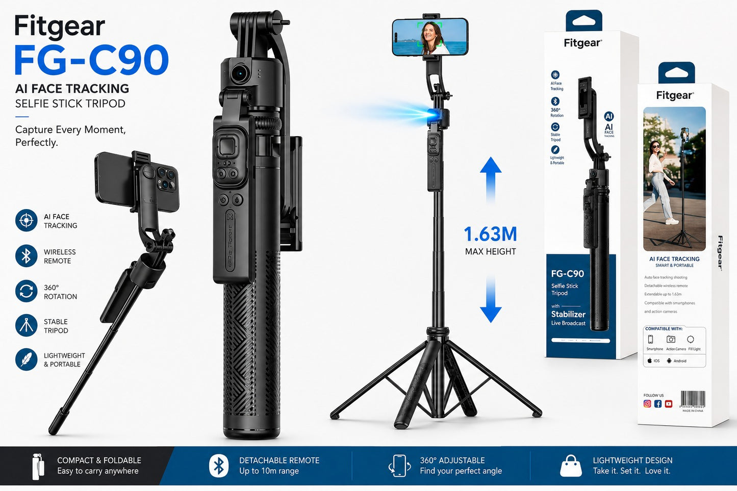 Fitgear FG-C90 AI Smart Tracking Gimbal Selfie Stick Tripod | 165cm Extendable | 360° Auto Face Tracking | Bluetooth Remote | Quad-Leg Stand