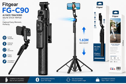 Fitgear FG-C90 AI Smart Tracking Gimbal Selfie Stick Tripod | 165cm Extendable | 360° Auto Face Tracking | Bluetooth Remote | Quad-Leg Stand